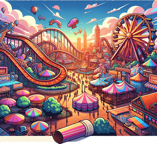 theme park.
Single Game Texture.  In-Game asset.  2d.  Blank background.  High contrast.  No shadows. 2d