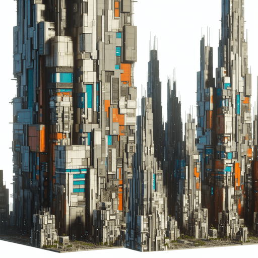 futuristic blocks of  sky scrapers.
Single Game Texture. In-Game asset. 2d. Blank background. High contrast. No shadows.