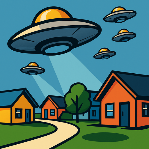 "Small UFO saucers descending over suburban neighborhood, cartoon style, dramatic lighting, shadows cast on lawns, retro sci-fi aesthetic, colorful houses below, comic book illustration style, dynamic angle looking up""cartoon style," "comic book illustration," "clean vector art,".
In-Game asset.  2d.  High contrast.  No shadows