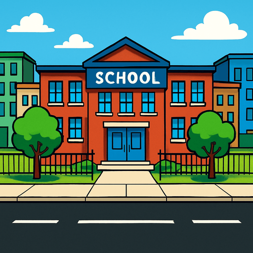 “school street background”, “urban cartoon street”, “2D schoolyard”.
In-Game asset.  2d.  High contrast.  No shadows