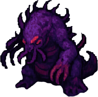 “Top-down 2D pixel art of a corrupted purple biome with twisted terrain and glowing fungal elements. A monstrous purple creature stands or crawls among deformed trees with dark trunks and sickly foliage. The environment is filled with warped nature: crooked trees, glowing red or violet plants, cracked soil with dark veins, and scattered patches of toxic mist. The monster has a grotesque form, with tentacles or spines, and a faint red glow. The scene is rich in environmental details, designed as a high-quality overworld area in a dark fantasy pixel art game.”.
In-Game asset.  2d.  High contrast.  No shadows