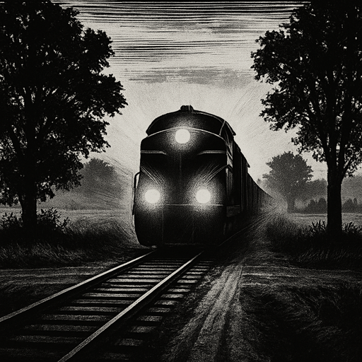 A train is coming down a narrow railway track that cuts through a rural road, surrounded by trees and open fields. It's early morning with light mist, headlights of the train glowing, and a sense of motion as the train approaches..
2d.  High contrast