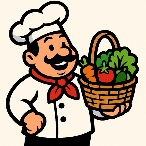 Chef con una cesta en la mano.
In-Game asset.  2d.  High contrast.  No shadows