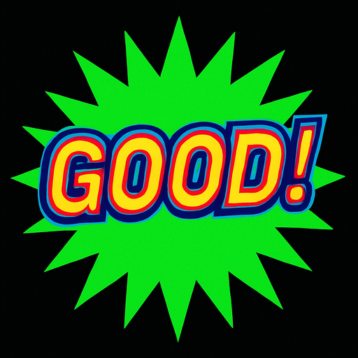 A green starburst with the word ‘Good!’ In it. 80s arcade machine graphics..
In-Game asset.  2d.  High contrast.  No shadows