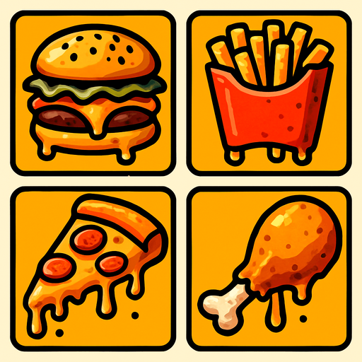 an image for each cell that is food theme based and fat and greasy and fast food.
In-Game asset.  2d.  High contrast.  No shadows