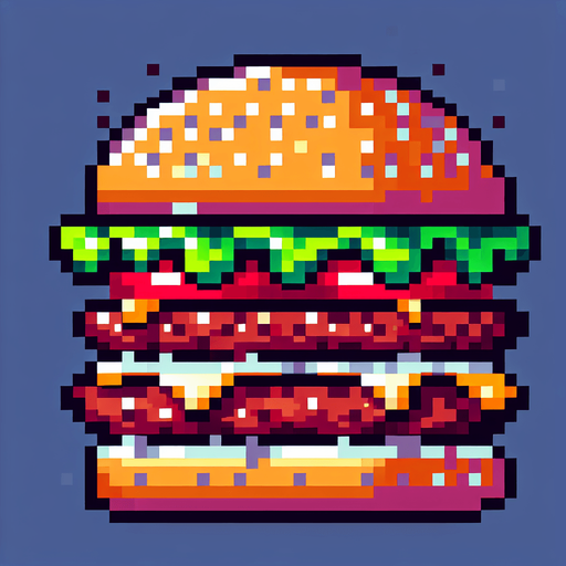 8 bit anime image delecious burger.
Single Game Texture.  In-Game asset.  2d.  Blank background.  High contrast.  No shadows