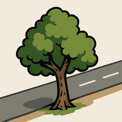 A 2D top-down tree (a little bit short and weird) viewed from a slight rear top angle, positioned beside a road, showing the top and a bit of the back side. The tree is slightly angled to match the camera perspective, with visible foliage and trunk shape. Daylight, clean background, suitable for roadside environment in a driving game..
In-Game.
In-Game asset.  2d.  High contrast.  No shadows