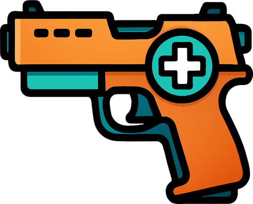 There is a + on the gun.
In-Game asset.  2d.  High contrast.  No shadows