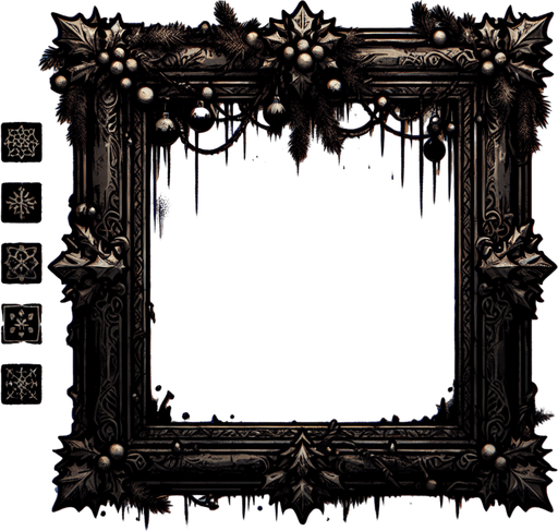 a simple dirty, dark and eerie Christmas frame.
Single Game Texture. In-Game asset. 2d. Blank background. High contrast. No shadows.