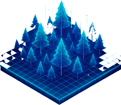 Top down isometric cyberpunk simulation hologram grid projection forest