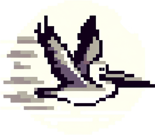 8-bit profile of pelican flying straight.
Single Game Texture. In-Game asset. 2d. Blank background. High contrast. No shadows.