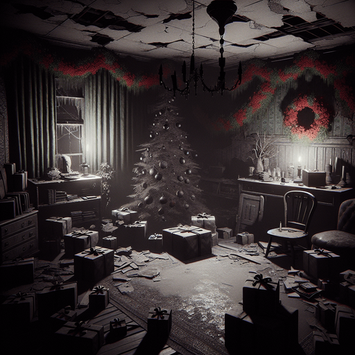 Eerie Christmas-inspired room similar to a resident evil room
Single Game Texture. In-Game asset. 2d. Blank background. High contrast. No shadows.