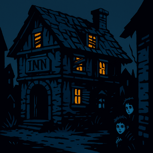 A rundown inn on the edge of a village, candlelight flickering through broken shutters, children peeking from dark corners, cold and lonely air.
In-Game asset.  2d.  High contrast.  No shadows
