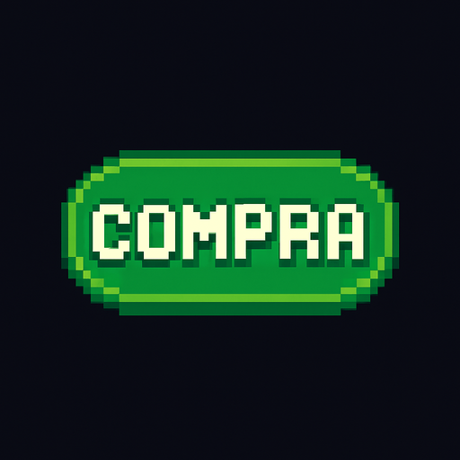Boton verde ovalado qué dice "compra" estilo 2d pixel 1989.
In-Game asset.  2d.  High contrast.  No shadows
