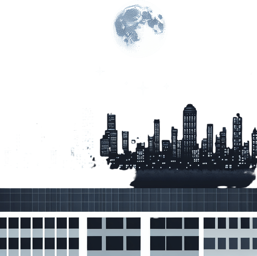 City, night with moon and stars.
Single Game Texture. In-Game asset. 2d. Blank background. High contrast. No shadows.