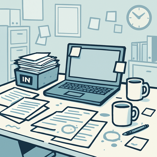 Modern office/workspace with subtle chaotic elements
Include desk with scattered papers, coffee stains, overflowing inbox, sticky notes
Light, neutral color palette (pale blue/gray) with professional appearance
Should look slightly overwhelming but clean enough to not distract from gameplay.
In-Game asset.  2d.  High contrast.  No shadows
