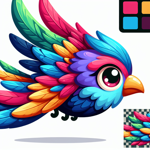 Design a cartoon-style bird flying sideways with big eyes and colorful feathers. The bird should look friendly, cute, and match a fun sky-themed game..
Single Game Texture.  In-Game asset.  2d.  Blank background.  High contrast.  No shadows