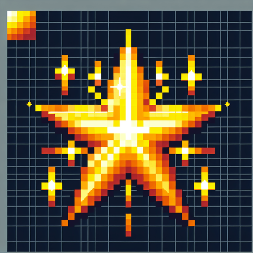 A golden glowing star, pixel art
Single Game Texture. In-Game asset. 2d. Blank background. High contrast. No shadows.