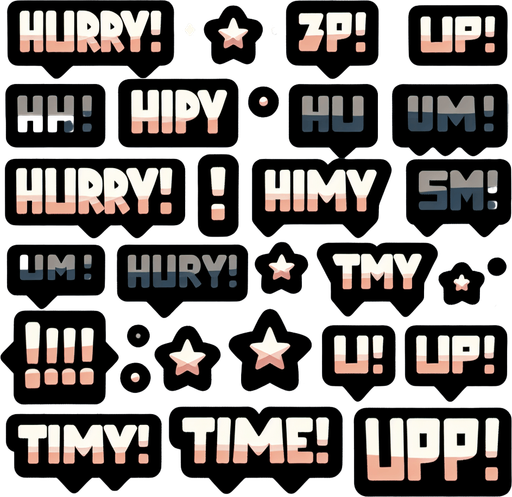 Multiple stylized texts with phrases that include “Hurry!” “Time’s up!” Cartoon style..
Single Game Texture. In-Game asset. 2d. Blank background. High contrast. No shadows.