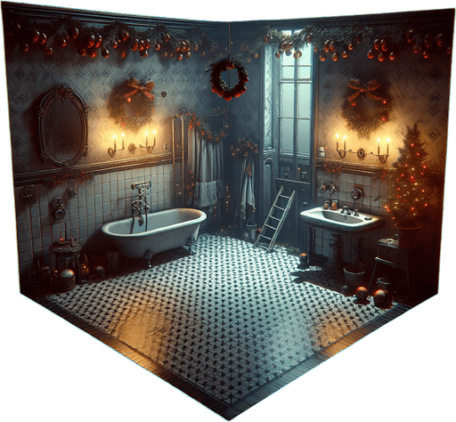 Eerie Christmas-inspired bathroom similar to a resident evil room
Single Game Texture. In-Game asset. 2d. Blank background. High contrast. No shadows.