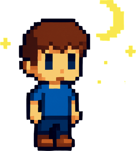 Niño pero de noche pixelart.
In-Game asset.  2d.  High contrast.  No shadows