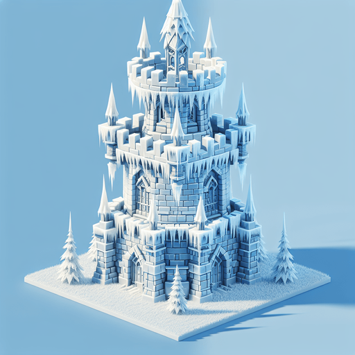 A turret tower built of iceblocks. Front view perspective. Single Game Texture. In-Game asset. 2d. Blank background. High contrast. No shadows.