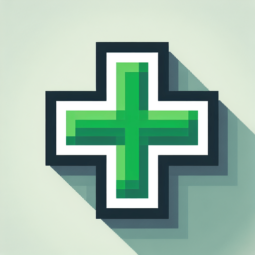 a green cross, icon, pixel style.
Single Game Texture. In-Game asset. 2d. Blank background. High contrast. No shadows.