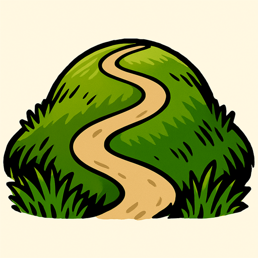 Cima de una colina redondeada con un sendero que lleva a la cima, mucho césped.
In-Game asset.  2d.  High contrast.  No shadows