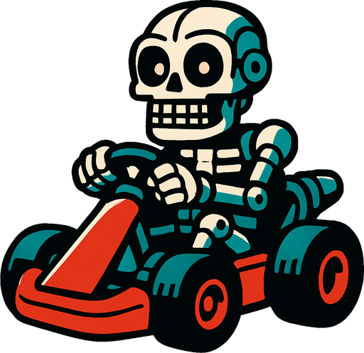 Un endoesqueleto animatronico en un kart.
In-Game asset.  2d.  High contrast.  No shadows