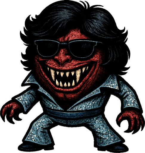 un demonio bola ultra realista con una peluca y traje de bailarin con lentes de sol y una sonrisa con colmillos afilados.
In-Game asset.  2d.  High contrast.  No shadows