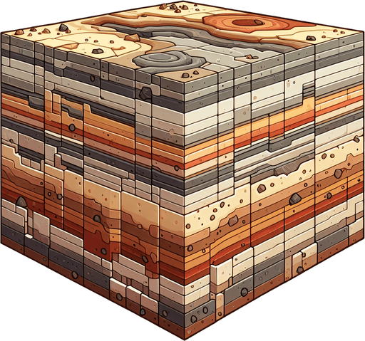 A 2D side-view of the layered earth, like a side-scrolling game environment. 
No cubes or spheres—just a wide rectangle showing layered dirt and rock strata, 
with distinct horizontal bands in different shades of brown and gray. 
Some layers can have small stones, fossils, or subtle traces of ore. 
The style is slightly cartoonish, with clear outlines and warm earthy colors.
Make the top layer a rocky or dirty layer to indicate the deeper layers, 
then progressively much darker and more red as it goes deeper indicating lava rock.
Single Game Texture.  In-Game asset.  2d.  Blank background.  High contrast.  No shadows. Side View. Rectangle. Square. Not a Cube, Horizontal view, lateral view, sideward view, Side angle.
