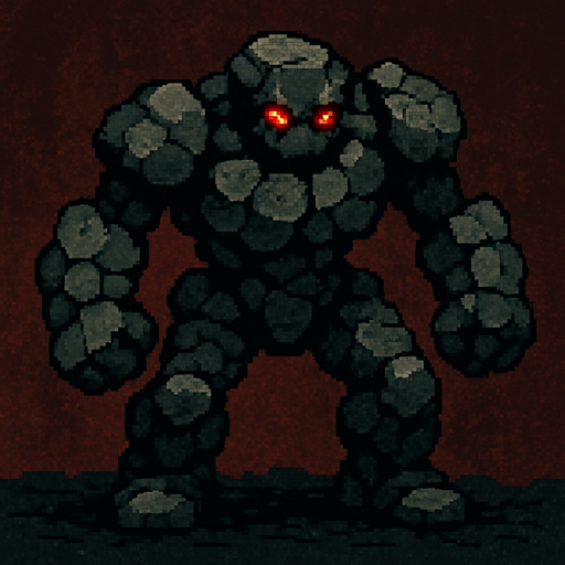 Kocaman kayadan oluşan golem kırmızı parıldayan gözlere sahip dark souls style 2d pixel art.
In-Game asset.  2d.  High contrast.  No shadows