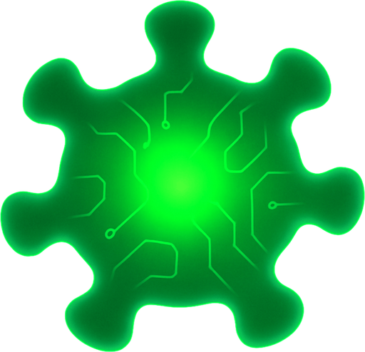 topdown view, simple digital virus blob, glowing green core, minimal circuit-like lines on surface, smooth rounded shape, fits motherboard environment, futuristic style.
In-Game asset.  2d.  High contrast.  No shadows