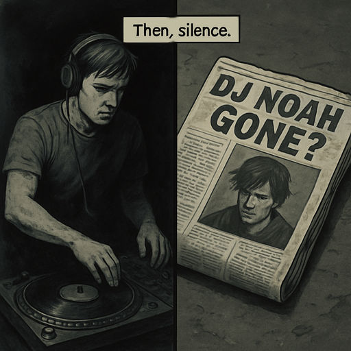 Realistic comic book style, 2048x2048. Split-frame design: left half shows Noah mid-performance dissolving into shadows; right half shows a crumpled newspaper with the headline "DJ NOAH GONE?". Desaturated colors, somber mood. Add a transparent narrator box at the top-center with the text: "Then, silence." in comic font..
In-Game asset.  2d.  High contrast.  No shadows