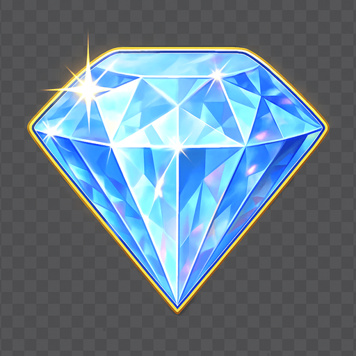 Un diamante grande, multifacetado, con destellos luminosos y un brillo intenso. Debe parecer una joya preciosa. Colores claros y translúcidos (blanco, azul pálido) con reflejos iridiscentes. Estilo de casino de lujo. Fondo transparente. Es el símbolo de mayor valor (50x), debe ser visualmente impactante y deslumbrante..
In-Game asset.  2d.  High contrast.  No shadows