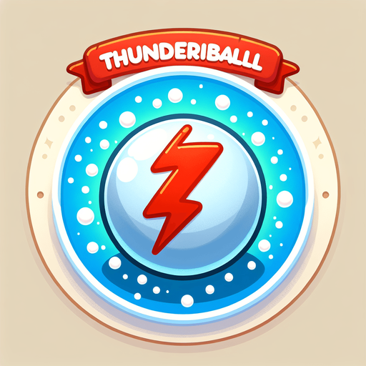 Icon for a electified snowball, on a circle, with the text „Thunderball“ at top, cartoon, christmas style Single Game Texture. In-Game asset. 2d. Blank background. High contrast. No shadows.