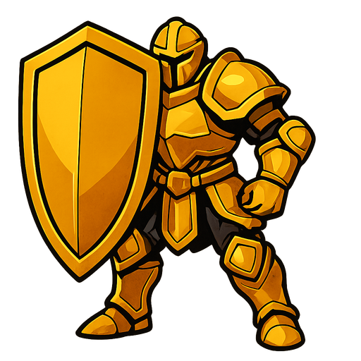 Human with a BIG golden shield and shining reinforced golden armor.
In-Game asset.  2d.  High contrast.  No shadows