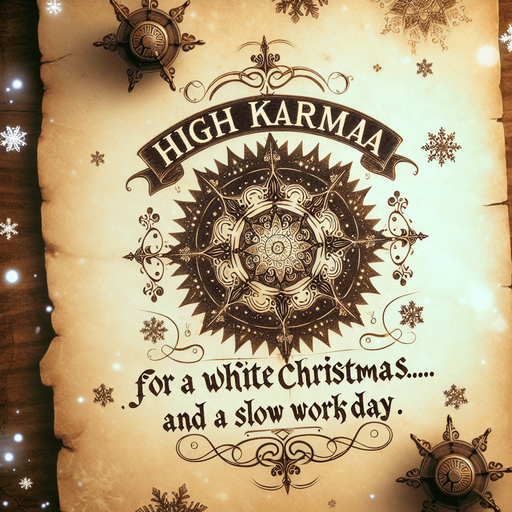 a pergament of many snowflakes in the sky. With a high good Karma Counter. There is the text "high karma is a guarantee for a white christmas... and a slowly workday"