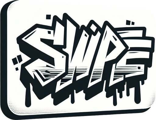 граффити слово Swipe.
Single Game Texture. In-Game asset. 2d. Blank background. High contrast. No shadows.