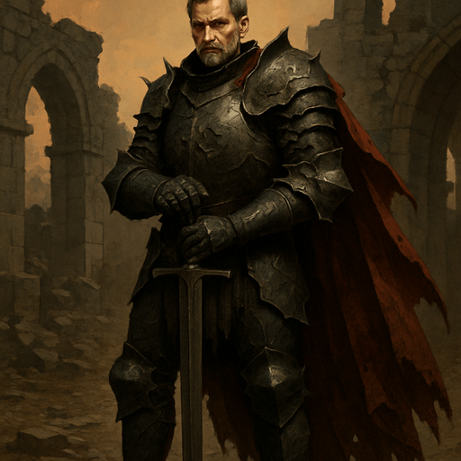 A weathered and noble medieval knight clad in dark iron armor engraved with thorns and lion insignias. Male, 52 years old, tall and broad-shouldered, with greying brown hair cut short, deep-set hazel eyes, and a strong jawline covered in stubble. A long, tattered crimson cape flows behind him. His armor is dented from countless battles. He stands in a ruined stone courtyard at dusk, gripping a massive longsword planted in the ground. Realistic, highly detailed, cinematic lighting. realistic.
In-Game asset.  2d.  High contrast.  No shadows