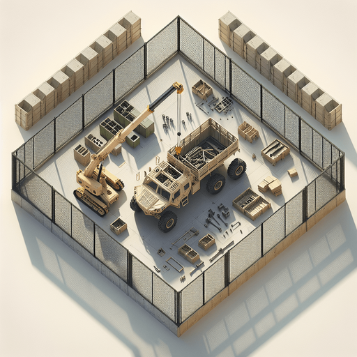 Simple light army vehicule factory buiding a quad with a crane. Square fence..
Zenith view Directly overhead. Plumb view.