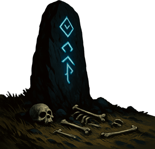 A windswept plain with a cursed black stone monolith, glowing runes etched into it, bones scattered around, storm clouds looming, realistic.
In-Game asset.  2d.  High contrast.  No shadows