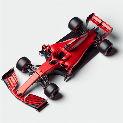 a red f1 race car top view.
Single Game Texture. In-Game asset. 2d. Blank background. High contrast. No shadows.