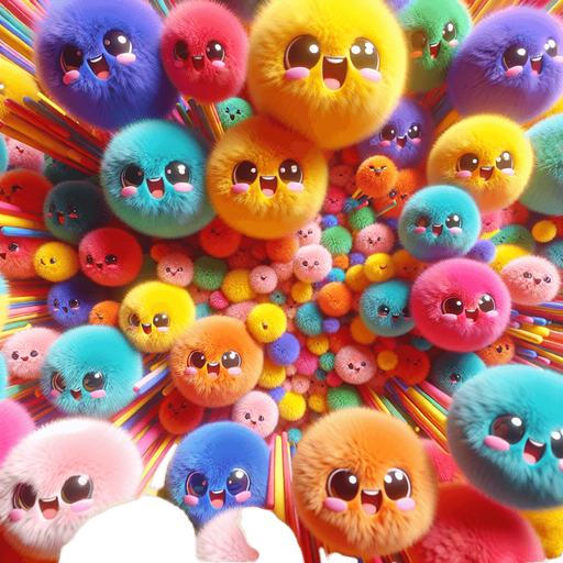 high definition, with lots of soft colorful fluffy fur balls. happy cartoon faces. exploding from middle of screen. No words