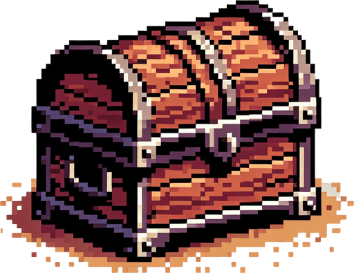 A wooden treasure chest.  Front view. Pixel art..
Single Game Texture.  In-Game asset.  2d.  Blank background.  High contrast.  No shadows