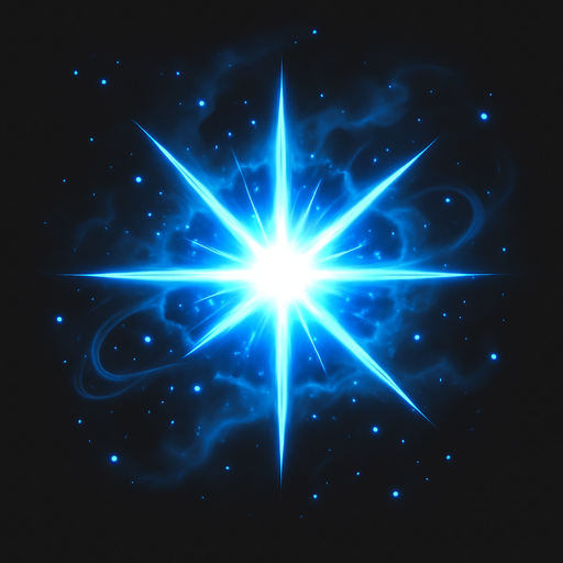 A magical sci-fi starburst explosion for a 2D game effect, with a bright blue and white energy core bursting outward in radiant spikes, surrounded by glowing particles, swirling light trails, and a soft nebula-like aura. The effect should feel like a powerful portal discharge or dimensional rift opening, with dynamic energy and cinematic glow. Transparent background, digital art style, top-down angle, ideal for sprite use in games..
In-Game asset.  2d.  High contrast.  No shadows