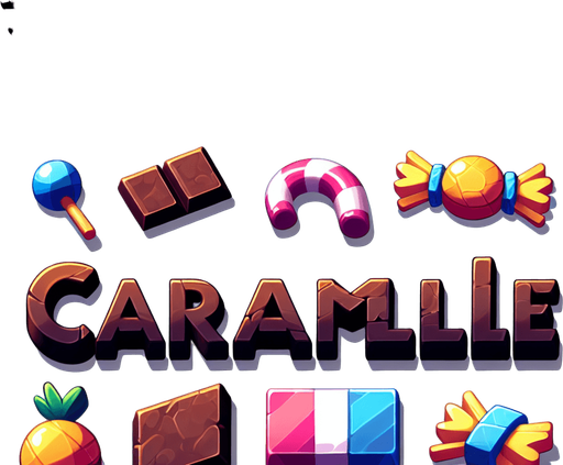 scritta caramelle.
Single Game Texture. In-Game asset. 2d. Blank background. High contrast. No shadows.