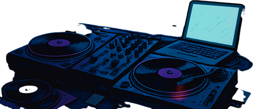 A 2048x2732 vertical background illustration in a semi-realistic comic book style. The scene depicts a moody DJ booth inside a small urban apartment at night, overlooking a vibrant neon-lit city through large glass windows. The DJ setup is stylish but lived-in — with vinyl records, scattered sticky notes, a glowing laptop screen, and faint light reflections on the desk. Outside, rain trickles down the window, and distant buildings flicker with purples, blues, and pinks. The entire environment feels reflective, lo-fi, and intimate — as if the city hums with a quiet rhythm. No characters, no text — just a story-rich, immersive menu backdrop..
In-Game asset.  2d.  High contrast.  No shadows