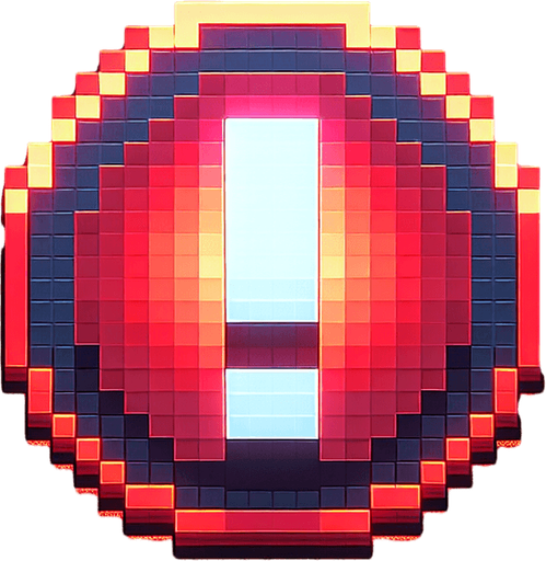 8-bit pixelated red round LED circle with a large exclamation sign indented in the center.
Single Game Texture. In-Game asset. 2d. Blank background. High contrast. No shadows.