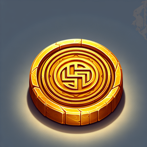 Gold coin with design in the center.
Single Game Texture.  In-Game asset.  2d.  Blank background.  High contrast.  No shadows